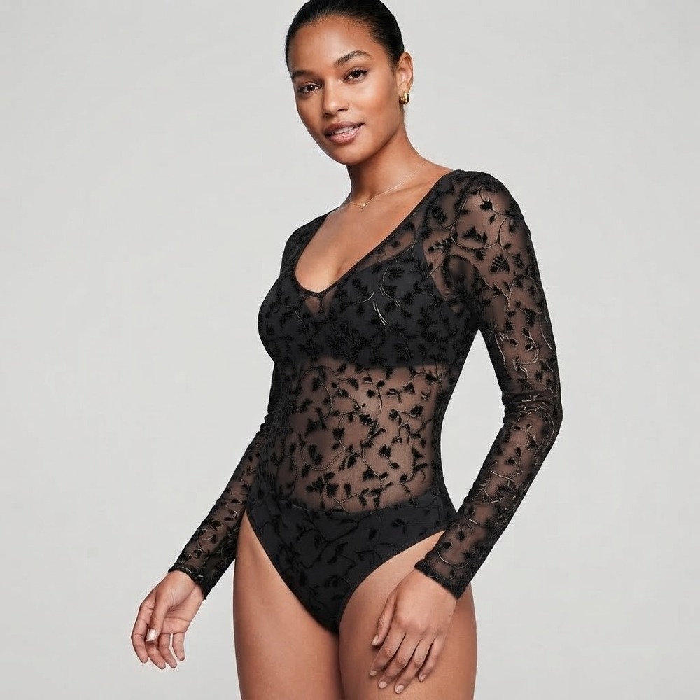 Victoria's Secret NWT Vintage 90s Black Gold Mesh Flocked Floral Bodysuit Large